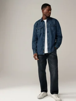 Donkerblauw - Denim Western 100% Cotton Long Sleeve Shirt