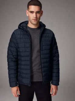 Donkerblauw - Douchebestendige lichtgewicht pufferjas met capuchon