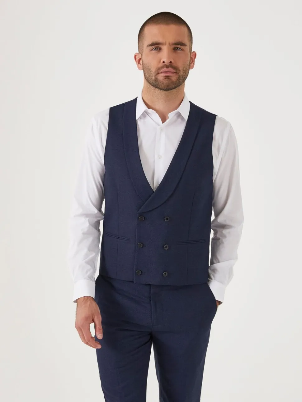 Donkerblauw - Dubbele knoop - Skopes Harcourt gilet maatpak met enkel rij knopen