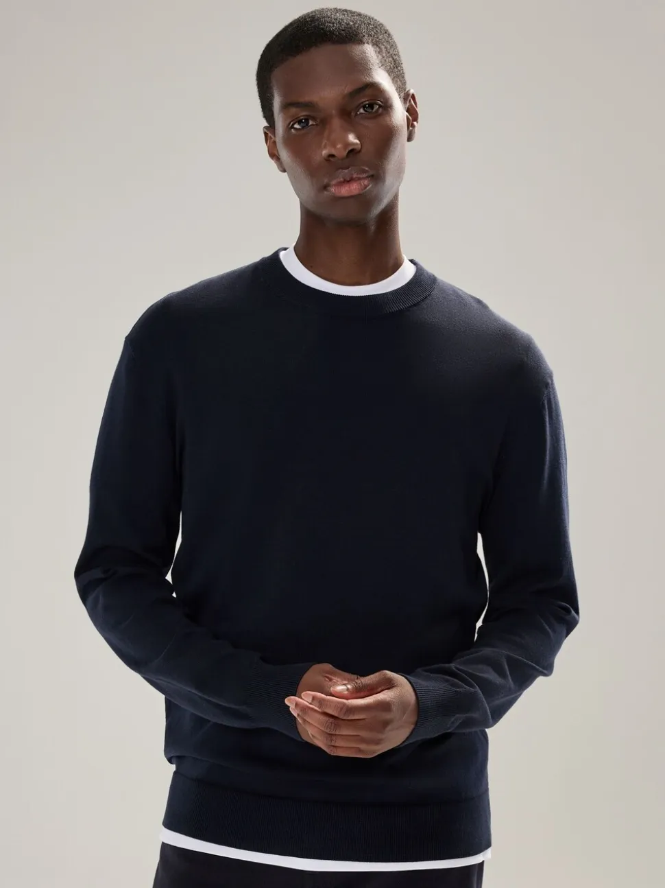 Donkerblauw - Effen - Regular Fit Cotton Rich Crew Neck Jumper