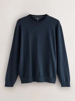 Donkerblauw - Effen - Regular Fit Cotton Rich Crew Neck Jumper