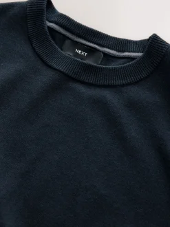 Donkerblauw - Effen - Regular Fit Cotton Rich Crew Neck Jumper
