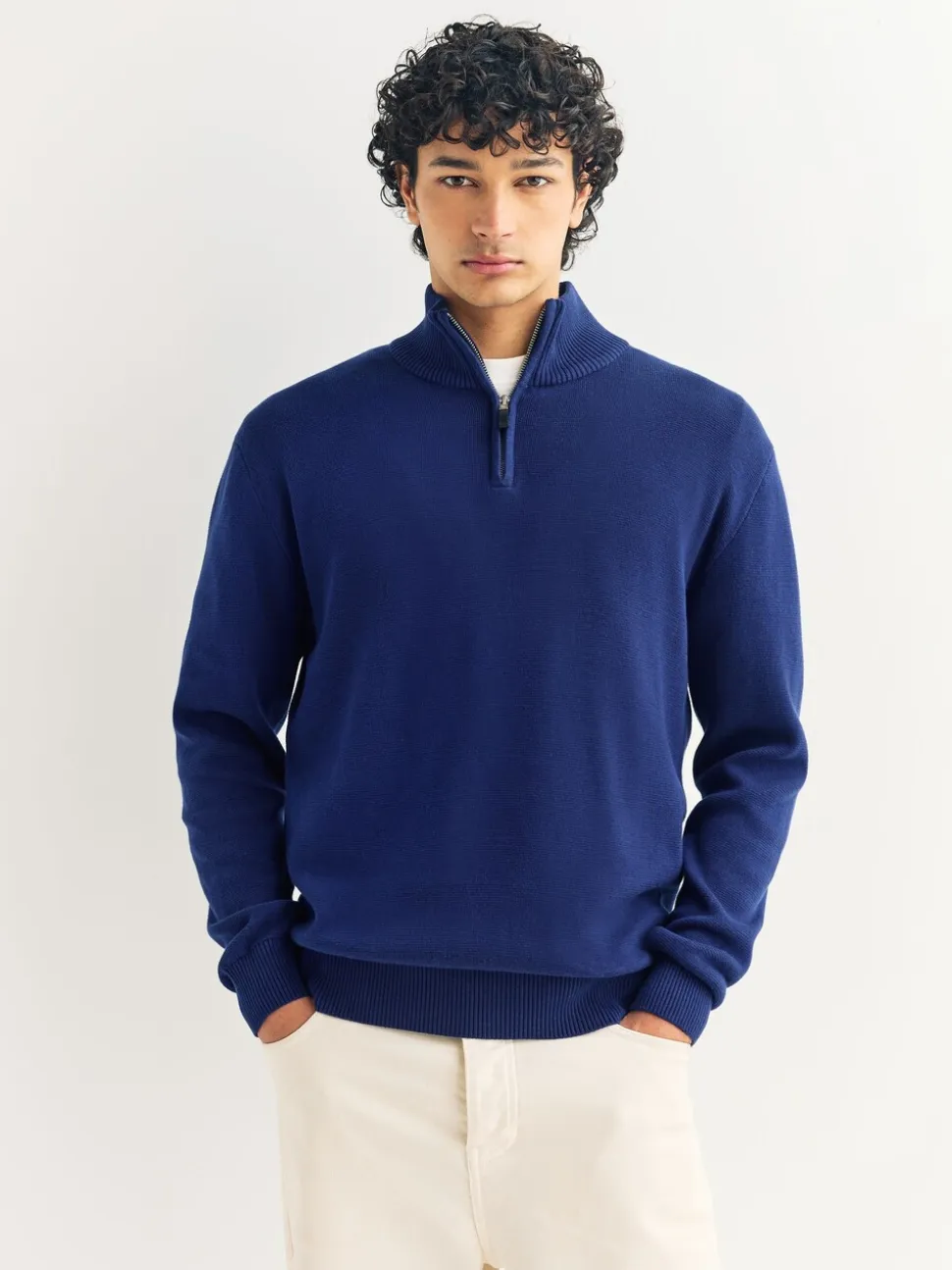Donkerblauw - Effen - Regular fit 100% katoenen premium trui met korte rits