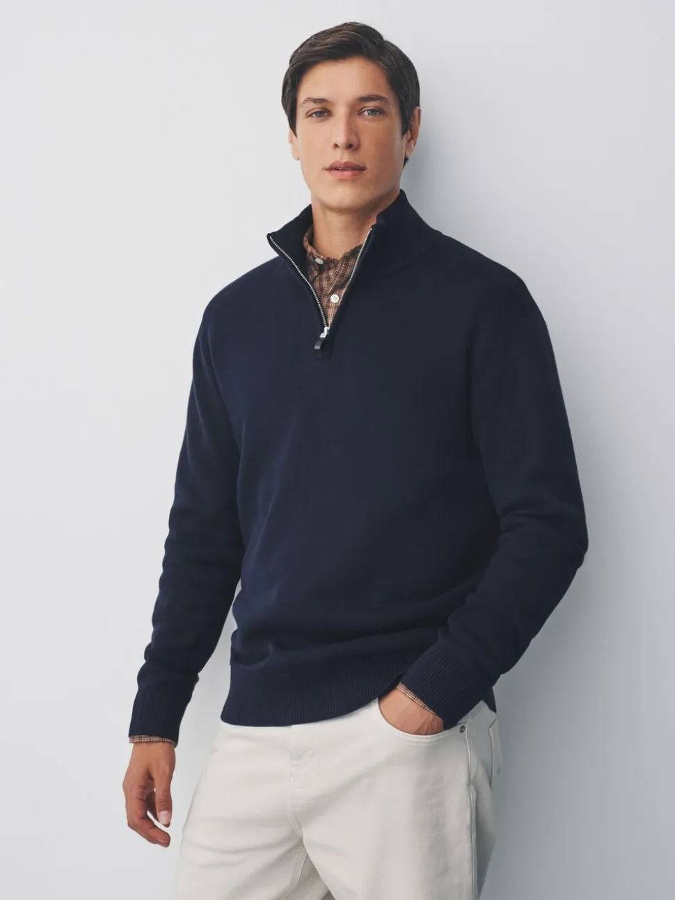 Donkerblauw - Effen - Regular fit 100% katoenen premium trui met korte rits