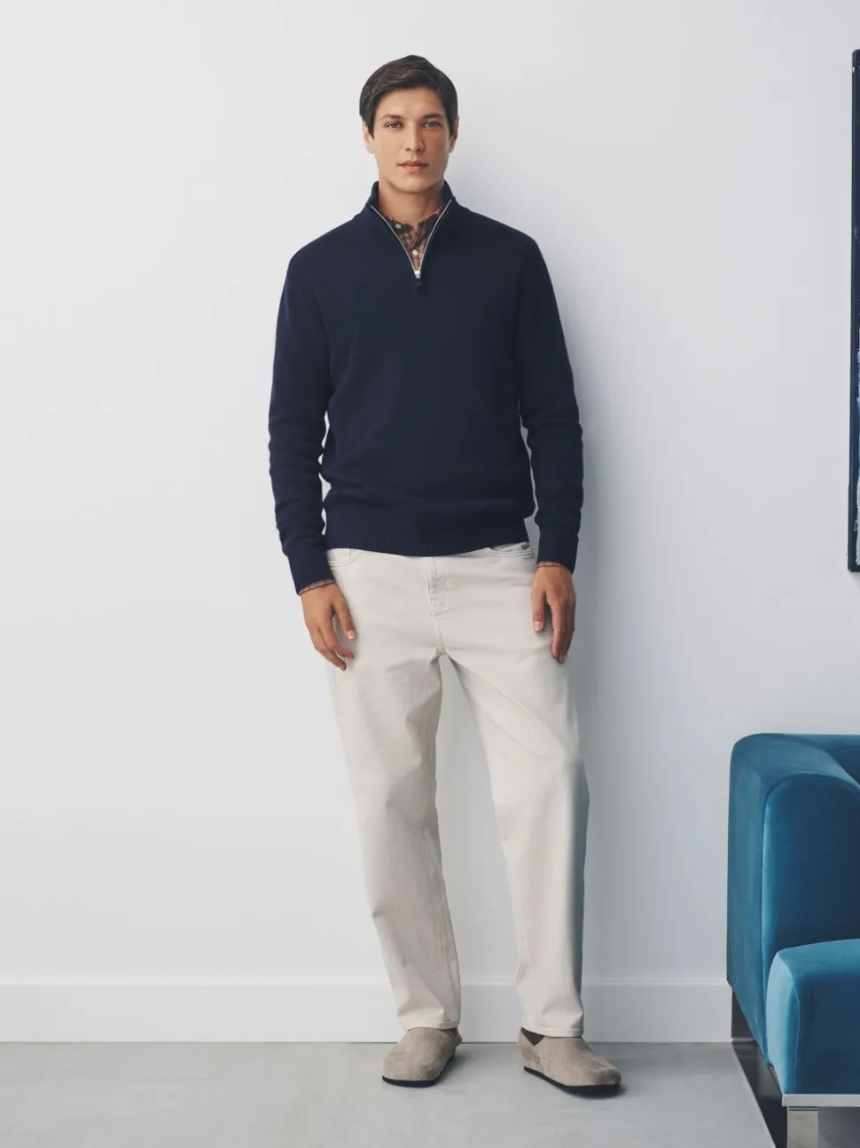 Donkerblauw - Effen - Regular fit 100% katoenen premium trui met korte rits