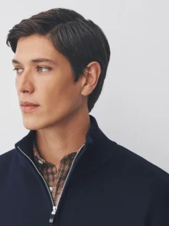 Donkerblauw - Effen - Regular fit 100% katoenen premium trui met korte rits