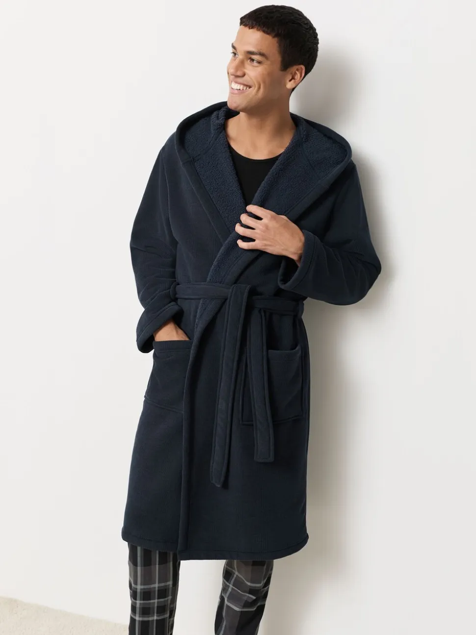Donkerblauw - Geribbelde kamerjas met textuur