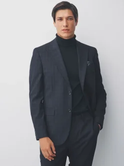 Donkerblauw - Geruit kostuum met smalle pasvorm: colbert