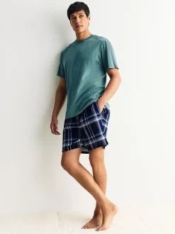 Donkerblauw - Geruite pyjama met korte mouwen