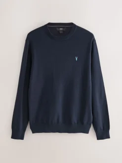 Donkerblauw - Hertlogo - Regular Fit Cotton Rich Crew Neck Jumper