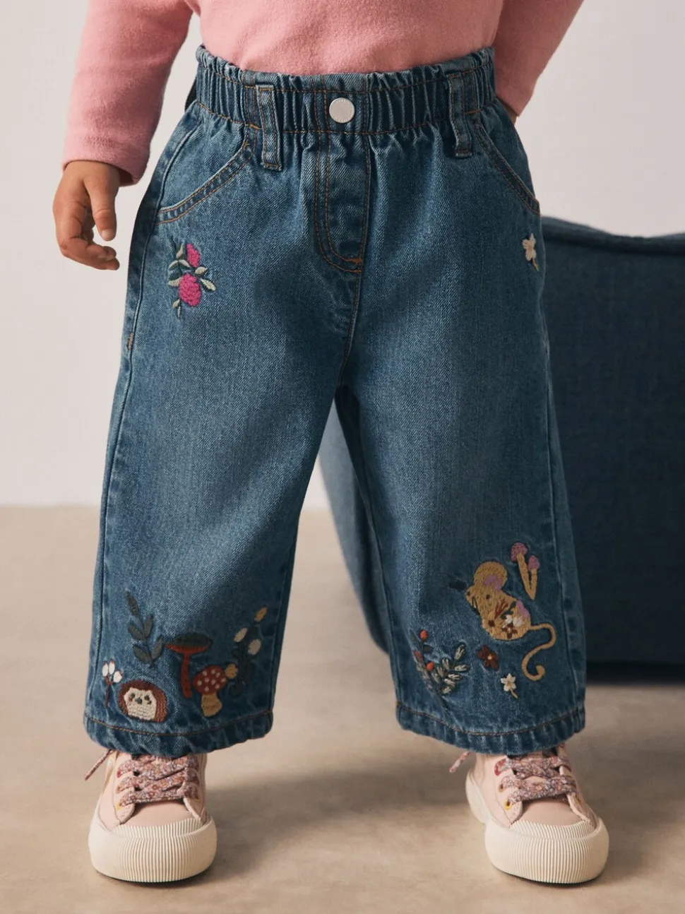 Donkerblauw - Jeans met muizenborduursel (3mnd -7jr)