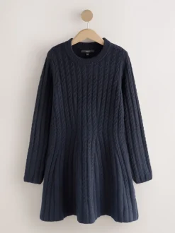 Donkerblauw - Mini-trui-jurk met kabelpatroon