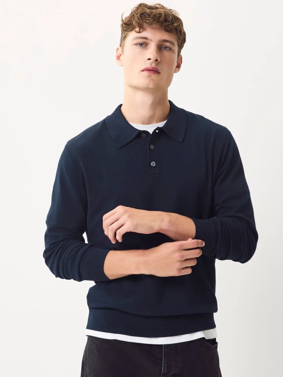 Donkerblauw - Normale Pasvorm - Katoenrijk gebreid poloshirt met lange mouwen