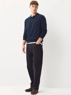 Donkerblauw - Normale Pasvorm - Katoenrijk gebreid poloshirt met lange mouwen