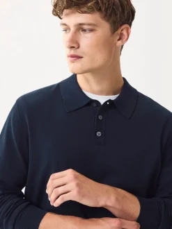 Donkerblauw - Normale Pasvorm - Katoenrijk gebreid poloshirt met lange mouwen