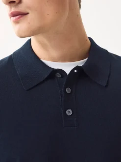 Donkerblauw - Normale Pasvorm - Katoenrijk gebreid poloshirt met lange mouwen
