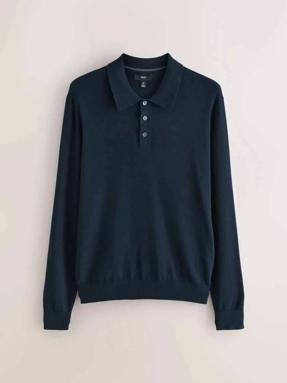 Donkerblauw - Normale Pasvorm - Katoenrijk gebreid poloshirt met lange mouwen