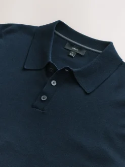 Donkerblauw - Normale Pasvorm - Katoenrijk gebreid poloshirt met lange mouwen
