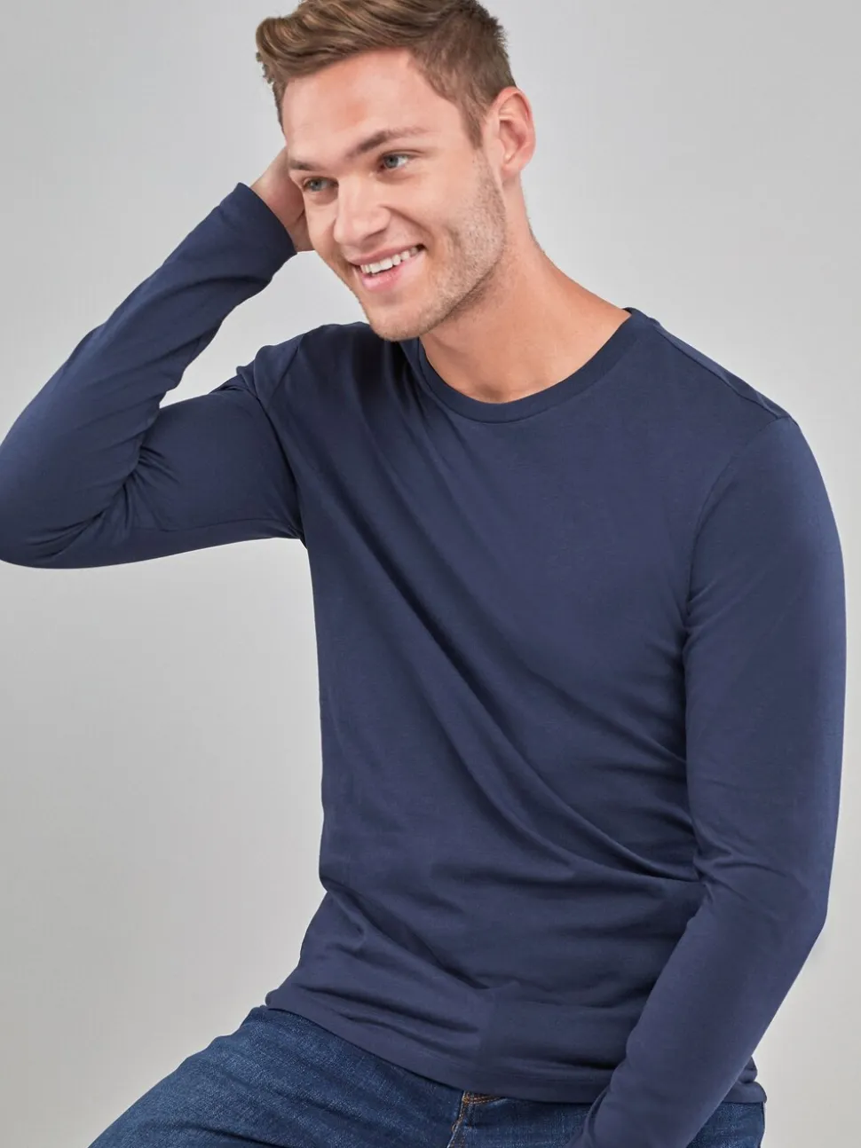 Donkerblauw - Normale Pasvorm - T-shirt met lange mouwen en ronde hals
