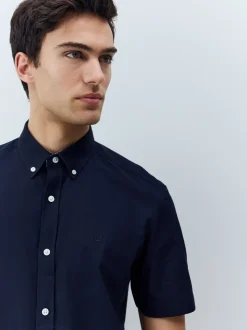 Donkerblauw - Oxford overhemd met stretch en korte mouwen