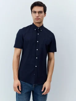 Donkerblauw - Oxford overhemd met stretch en korte mouwen