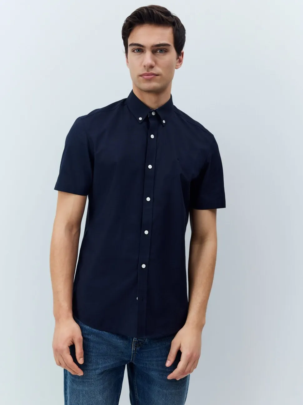 Donkerblauw - Oxford overhemd met stretch en korte mouwen