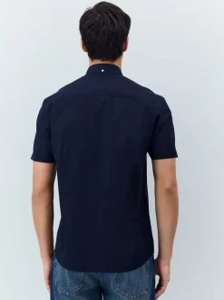 Donkerblauw - Oxford overhemd met stretch en korte mouwen