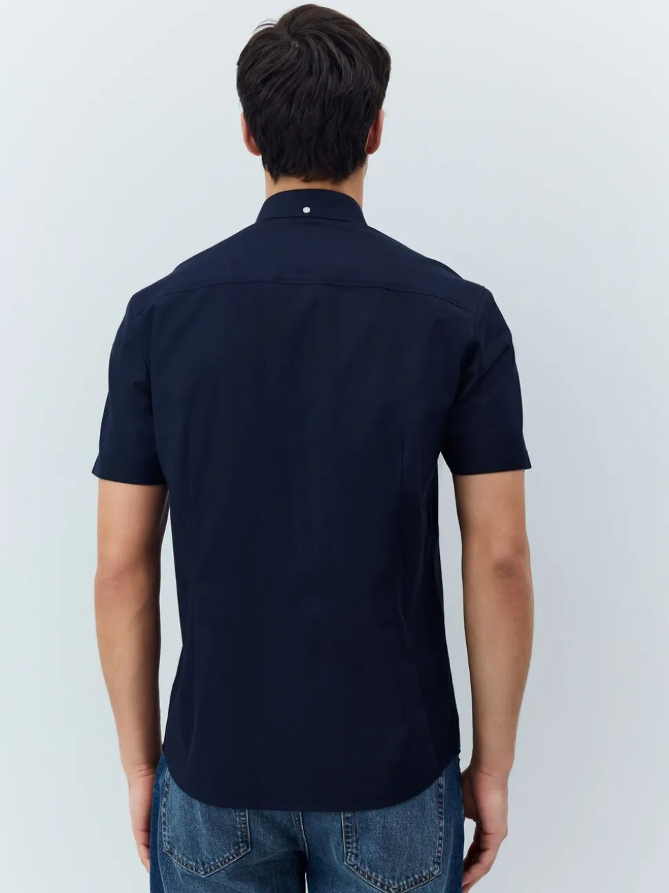 Donkerblauw - Oxford overhemd met stretch en korte mouwen