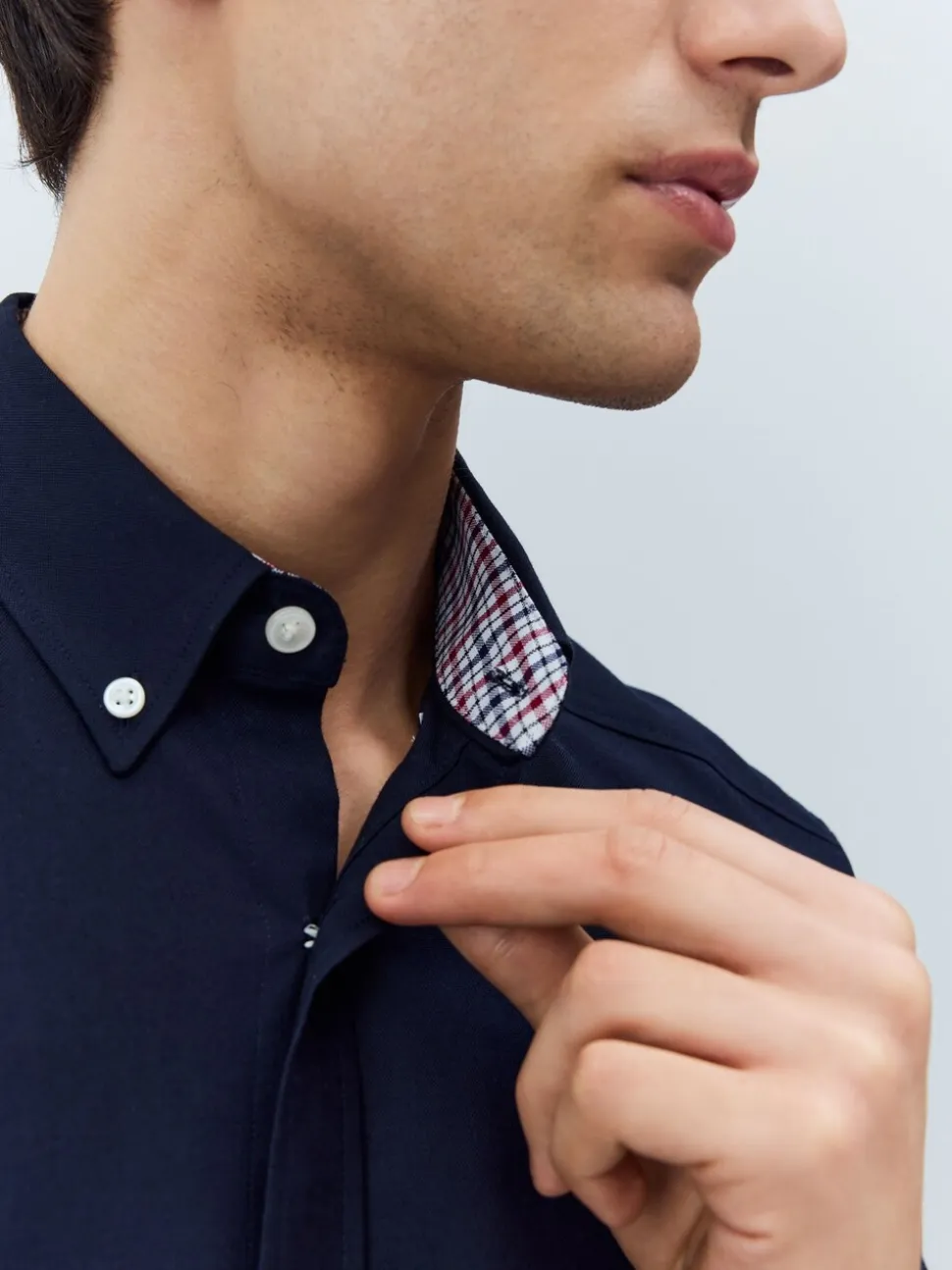 Donkerblauw - Oxford overhemd met stretch en korte mouwen