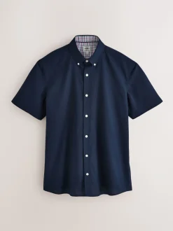 Donkerblauw - Oxford overhemd met stretch en korte mouwen