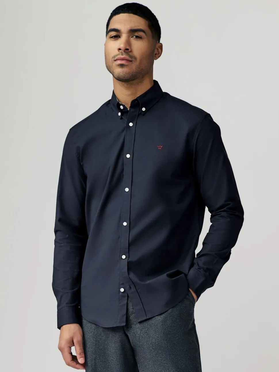 Donkerblauw - Oxford-stretchoverhemd met lange mouwen