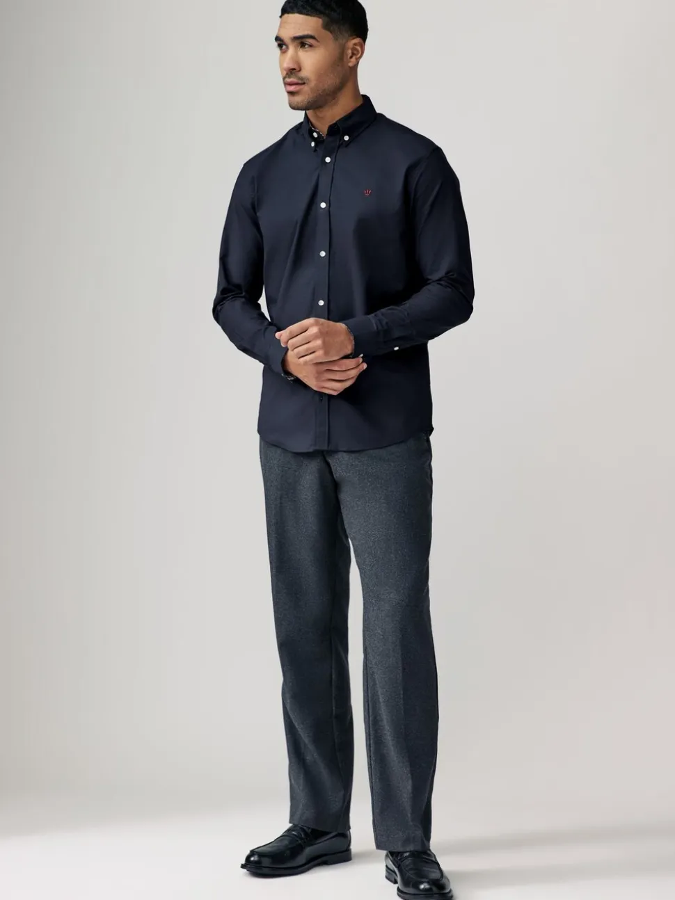 Donkerblauw - Oxford-stretchoverhemd met lange mouwen