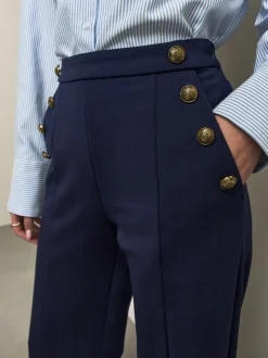 Donkerblauw - Ponte Broek met Wijde pijpen en goudkleurige knoopdetails