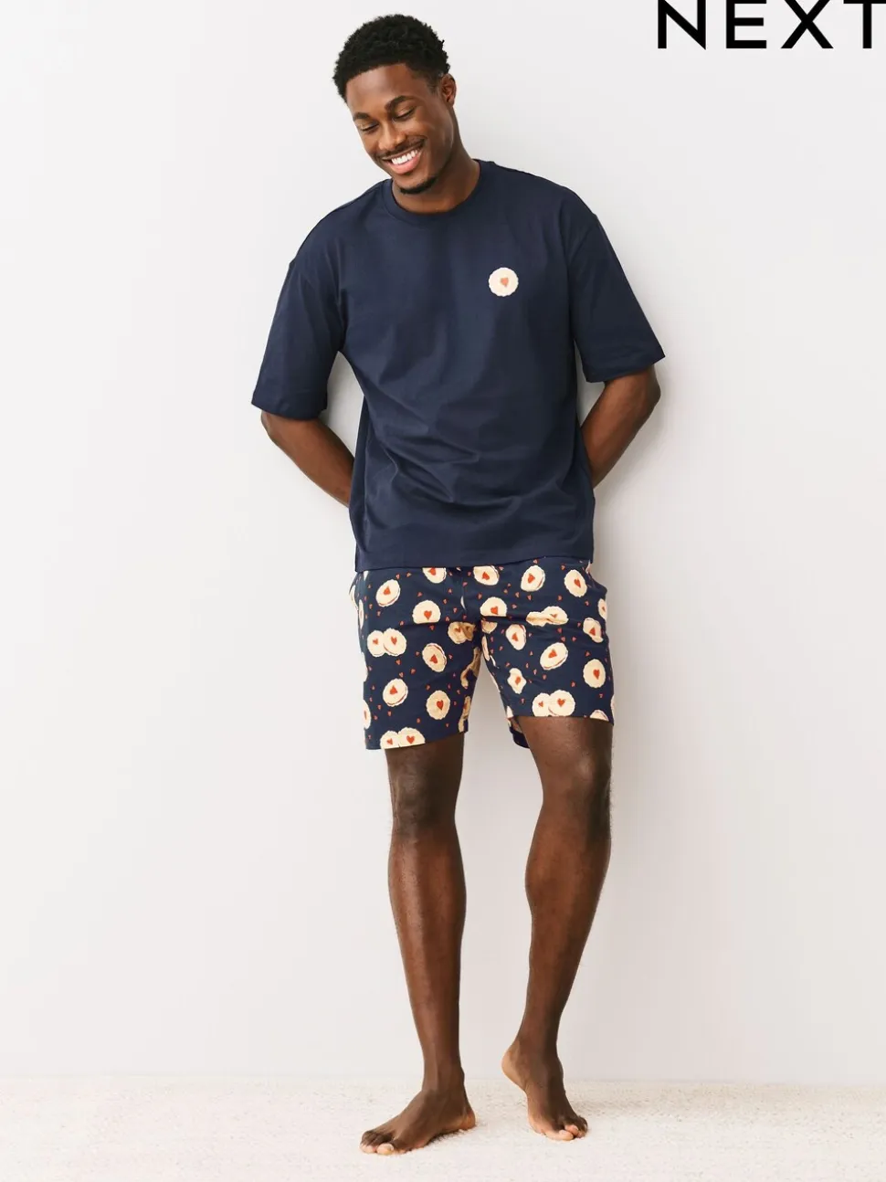 Donkerblauw - Printed Short Sleeve Jersey Pyjamas Set