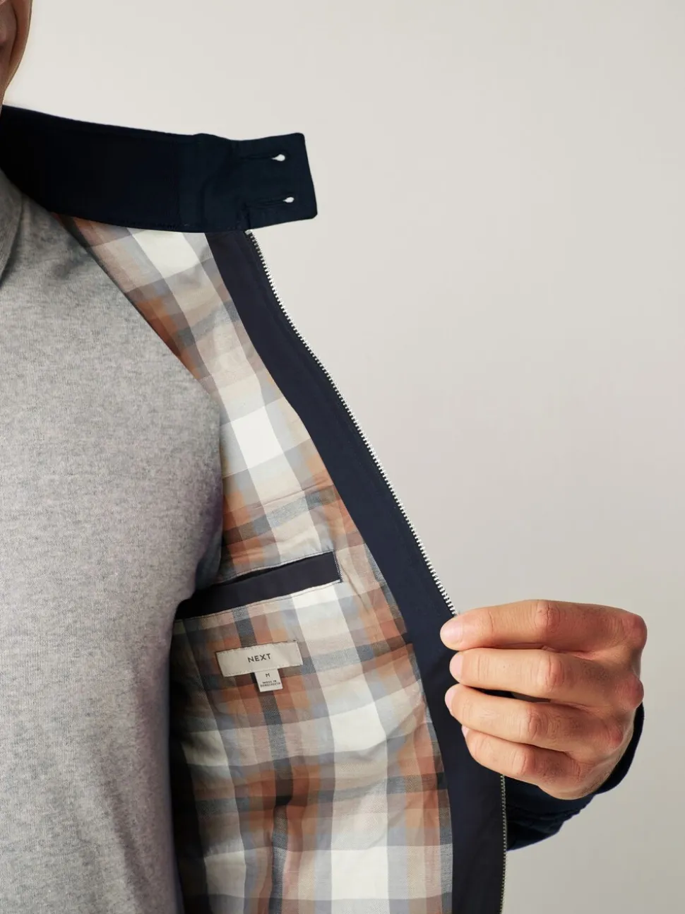 Donkerblauw - Regenbestendig Harrington jack met geruite voering