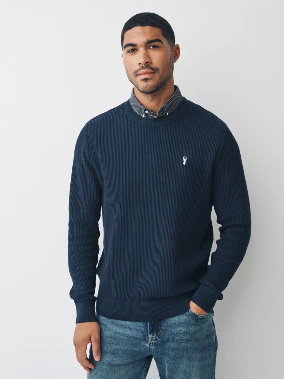 Donkerblauw - Regular Fit Rib Texture Mock Shirt Jumper