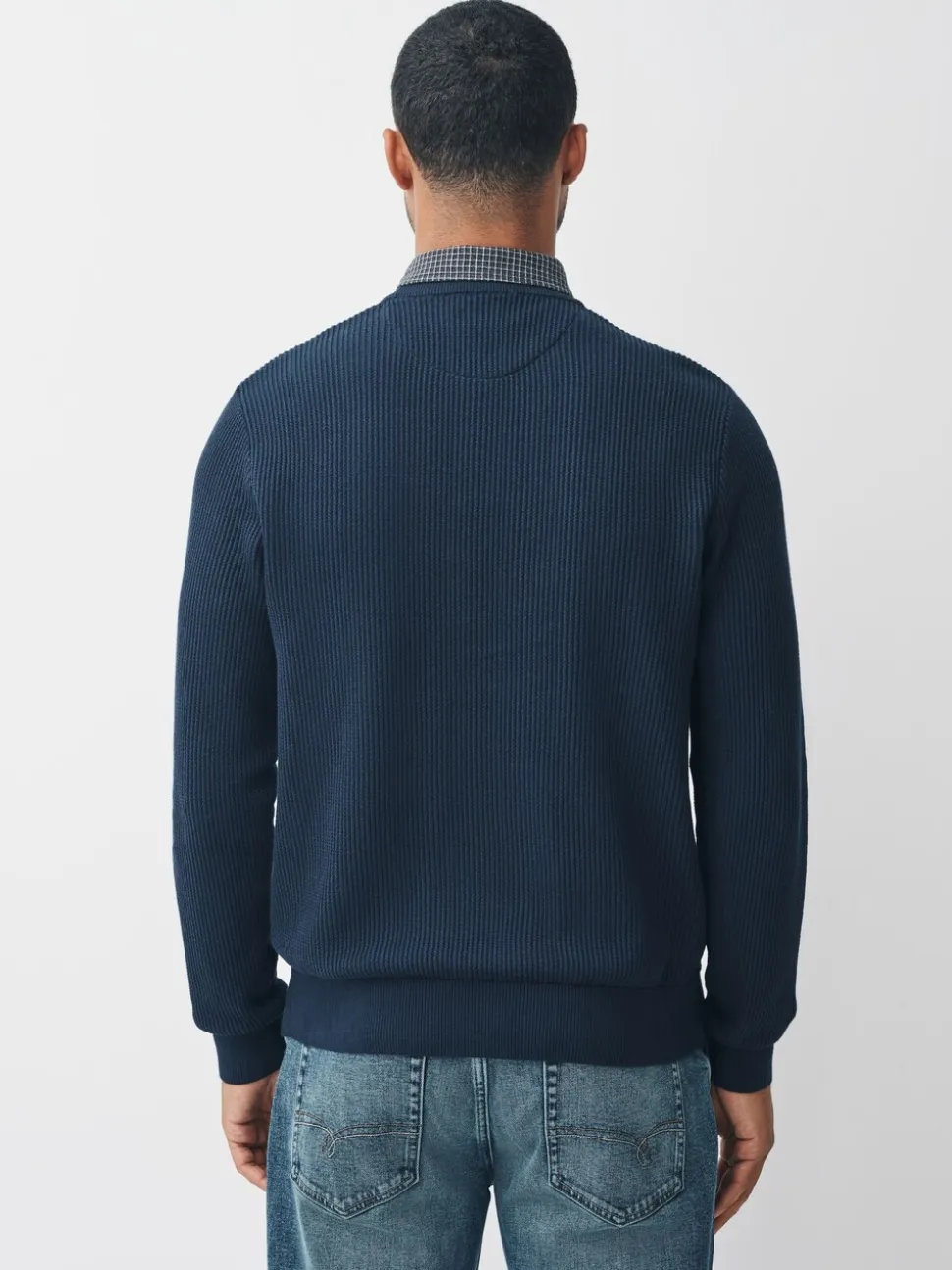 Donkerblauw - Regular Fit Rib Texture Mock Shirt Jumper