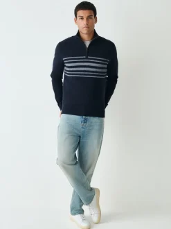 Donkerblauw - Regular Fit Essential Chest Block Stripe Quarter Zip Neck Jumper