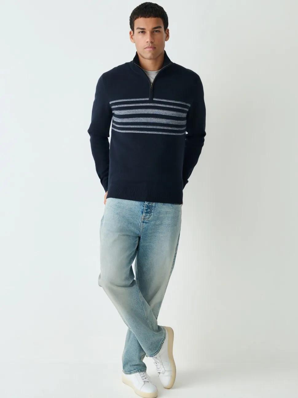 Donkerblauw - Regular Fit Essential Chest Block Stripe Quarter Zip Neck Jumper