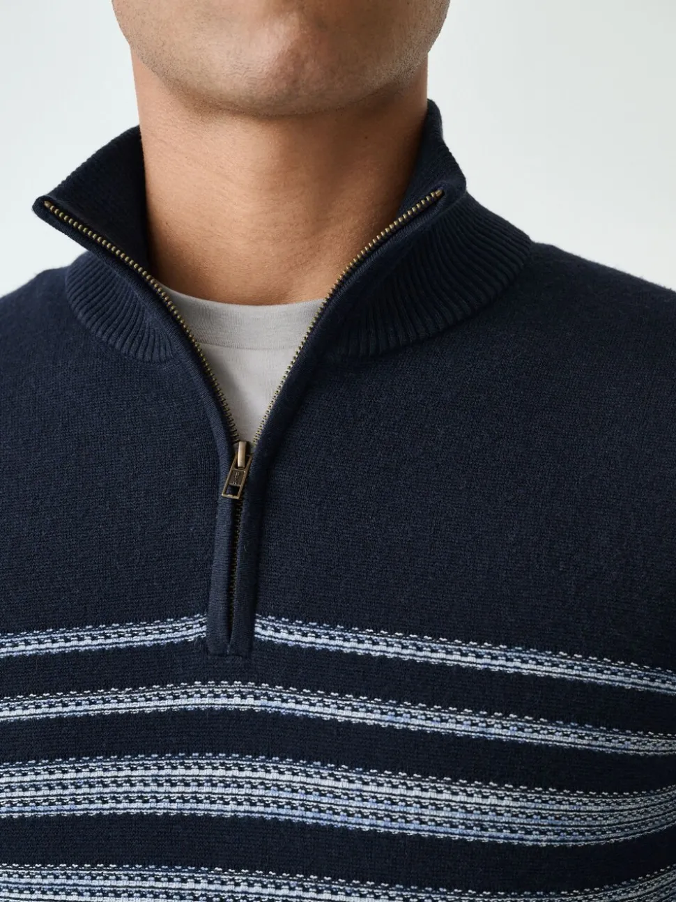 Donkerblauw - Regular Fit Essential Chest Block Stripe Quarter Zip Neck Jumper