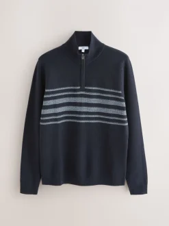 Donkerblauw - Regular Fit Essential Chest Block Stripe Quarter Zip Neck Jumper
