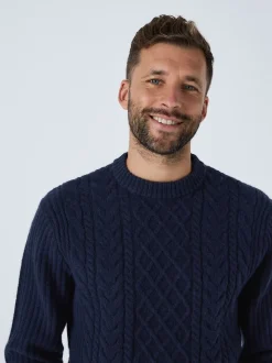 Donkerblauw - Regular Fit Aran Cable Knit Crew Neck Jumper with Wool