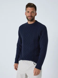 Donkerblauw - Regular Fit Aran Cable Knit Crew Neck Jumper with Wool