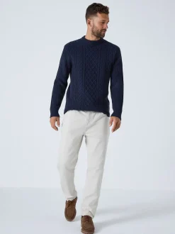 Donkerblauw - Regular Fit Aran Cable Knit Crew Neck Jumper with Wool