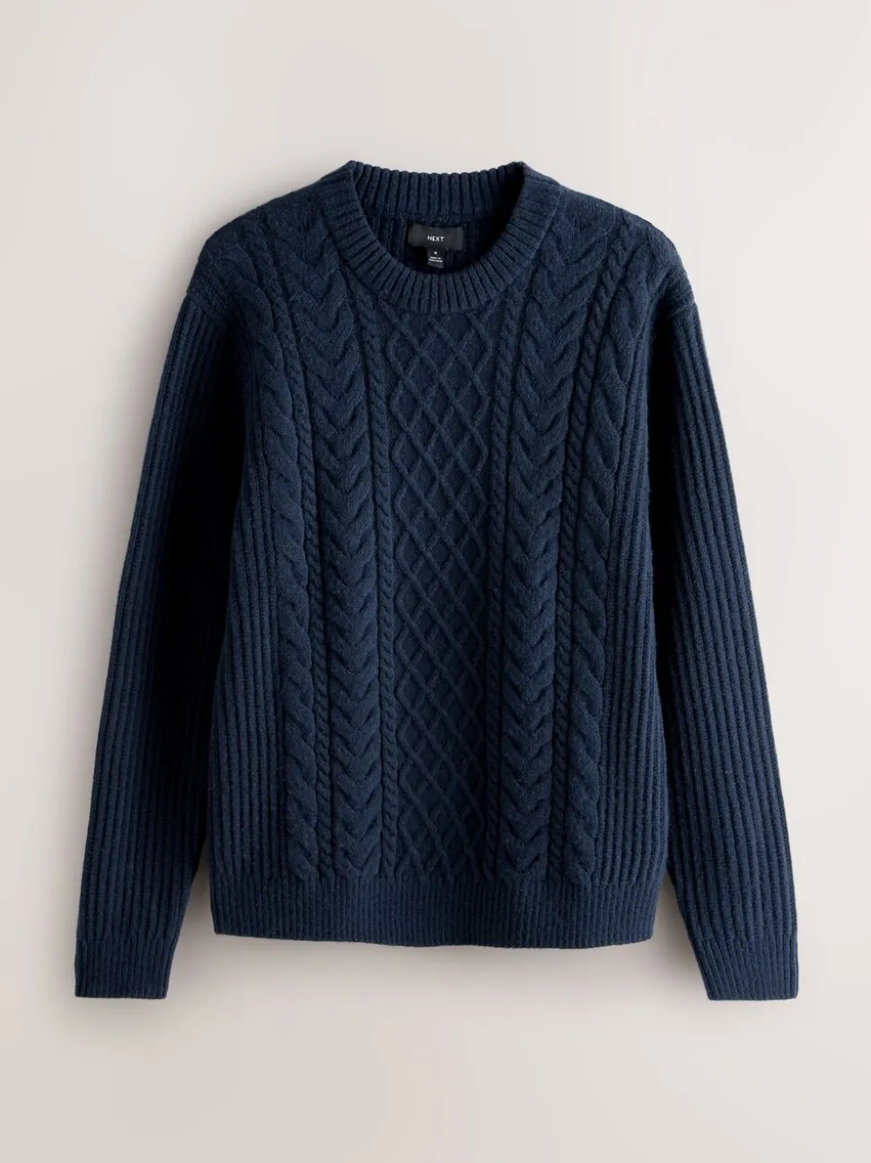 Donkerblauw - Regular Fit Aran Cable Knit Crew Neck Jumper with Wool