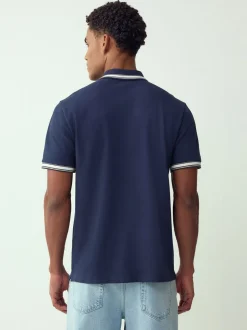 Donkerblauw - Regular fit poloshirt met korte mouwen en contrasterende randen