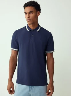 Donkerblauw - Regular fit poloshirt met korte mouwen en contrasterende randen