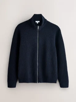 Donkerblauw - Regular Fit Waffle Texture Chenille Zip Through Cardigan