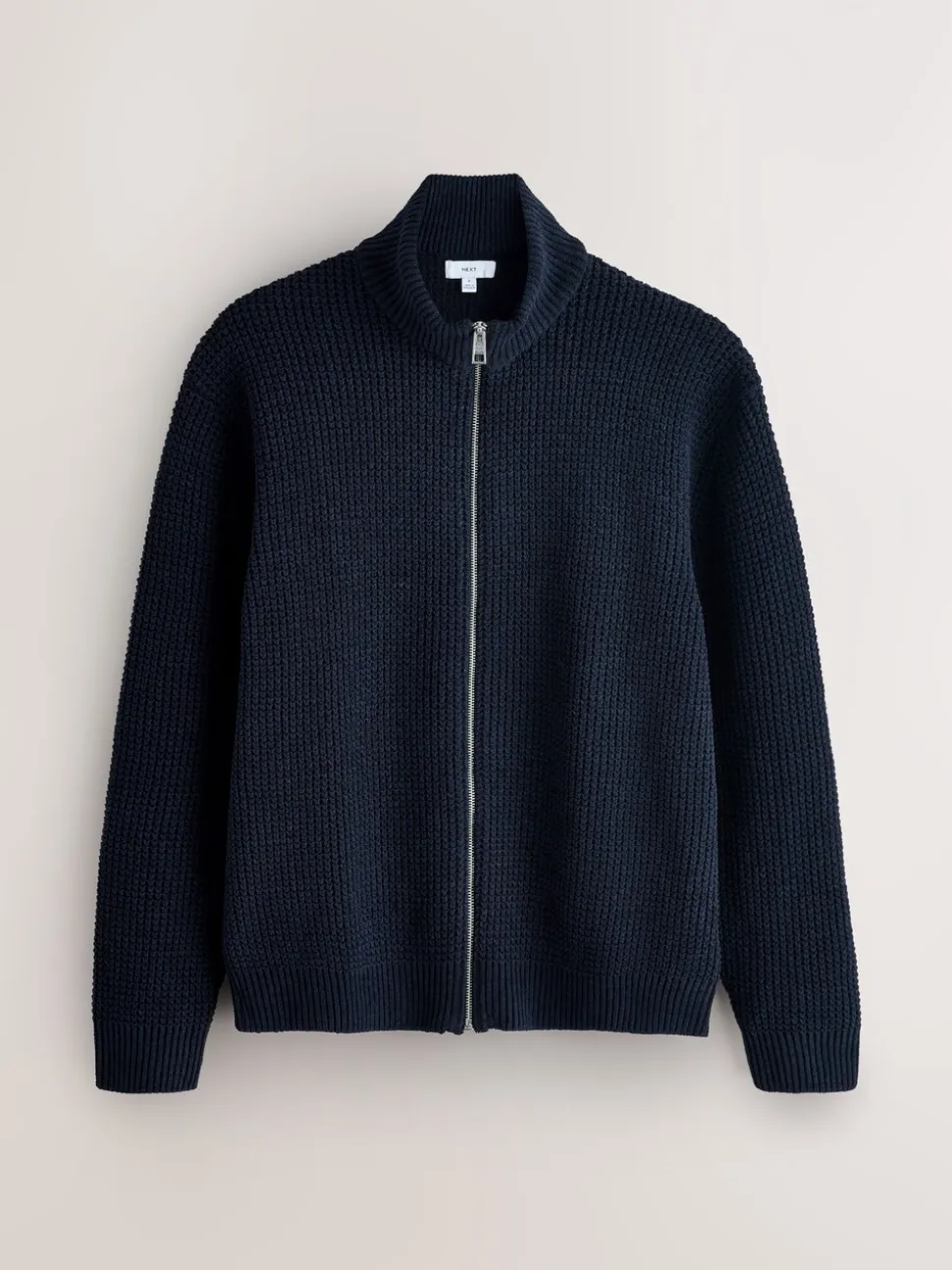 Donkerblauw - Regular Fit Waffle Texture Chenille Zip Through Cardigan