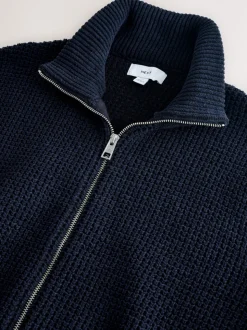 Donkerblauw - Regular Fit Waffle Texture Chenille Zip Through Cardigan